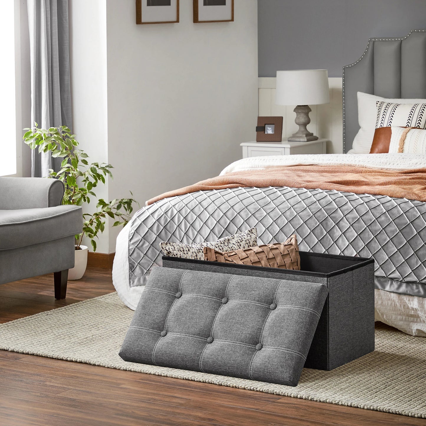 SONGMICS Ottoman Storage Bench, 21 Gal. Folding Chest with Breathable Linen-Look Fabric, Holds 660 lb, for Entryway, Living Room