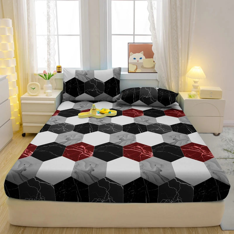1 Simple Modern Geometry Printed Matte Fitted Sheet, Bedroom Printed Bed Cover, Bedding (Excluding Pillowcases)