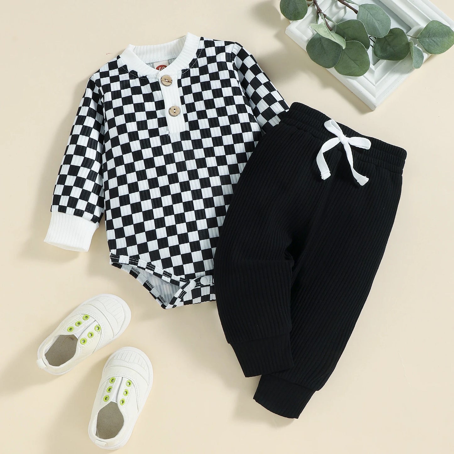 2PCS Autumn Boys And Babies Aged 0-2 Years Old Casual Fashionable Checkerboard Long-Sleeved Top + Solid Color Pants Set