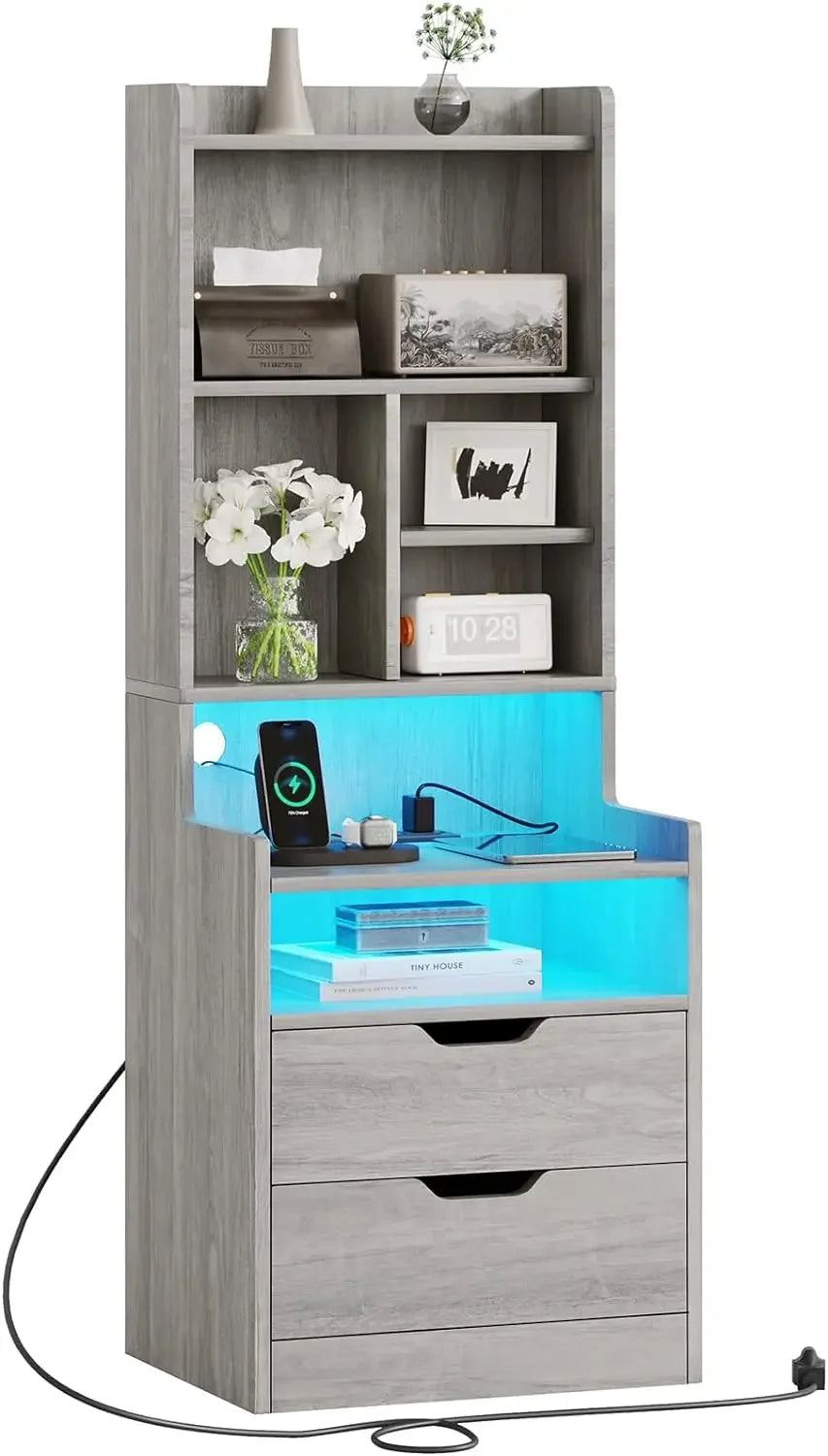 Charging Nightstand Set of 2 with LED Lights,Tall Night Stand with Bookshelf,Bedside Table with Drawers,Black Side Tables