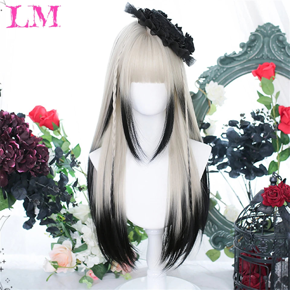 LM White Ombre Black Synthetic Wig for Women Long Curly Wave Wigs with Bangs Cosplay Party Heat Resistant Hair