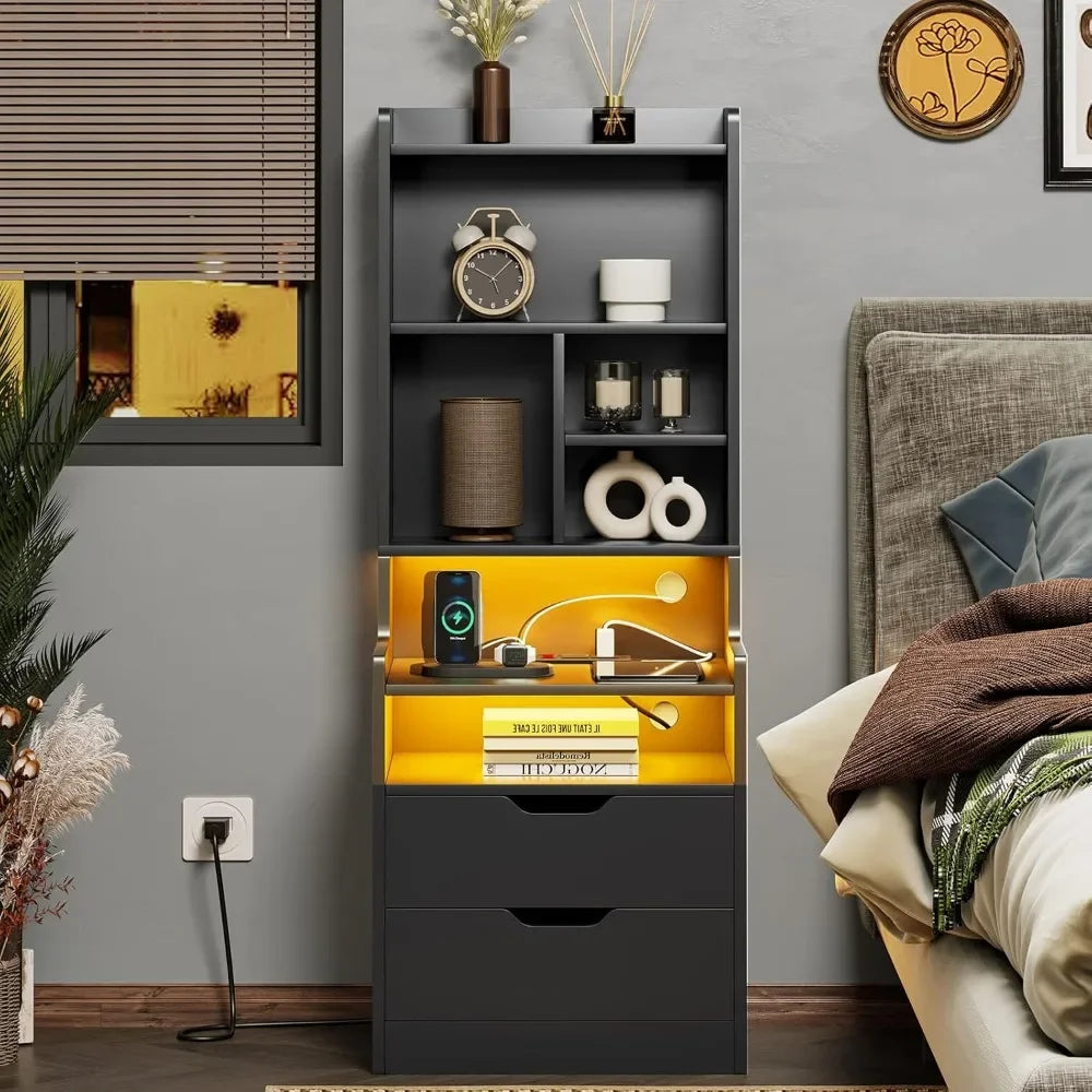 Charging Nightstand Set of 2 with LED Lights,Tall Night Stand with Bookshelf,Bedside Table with Drawers,Black Side Tables