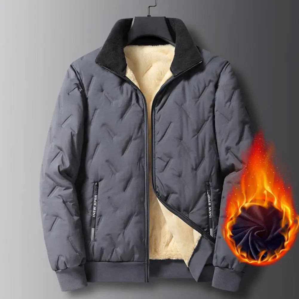 Embossed Lines Jacket Men Jacket Men's Embossed Lines Lapel Jacket with Zipper Pockets Elastic Hem Plush Lining Coat for Warmth