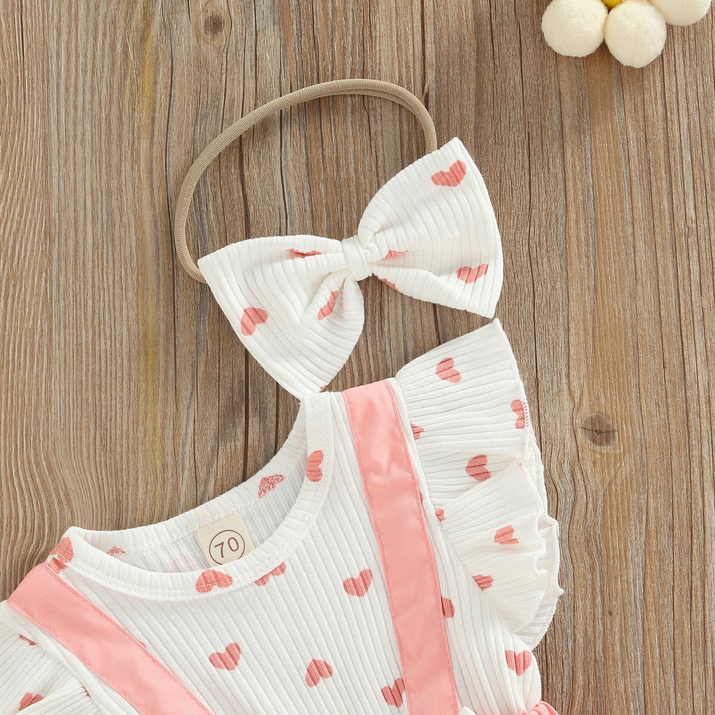 Infant Baby Girls Layette, Pink Heart Pattern Fake Two Pieces Romper and Bow Knot Headdress