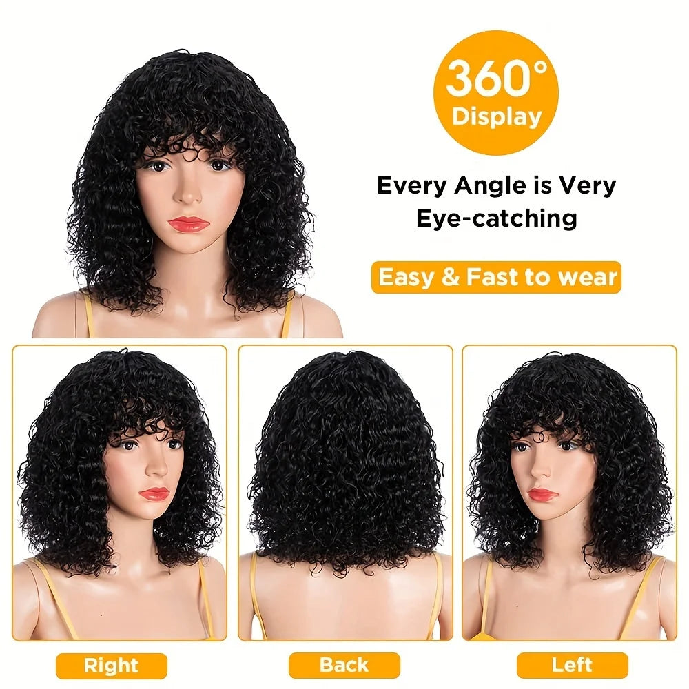 Kinky Curly Wigs Human Hair 100%-8 to 16 Inch Short Bob Wigs with Bangs-Natural-Looking Hairpiece for Everyday Wear Machine Made
