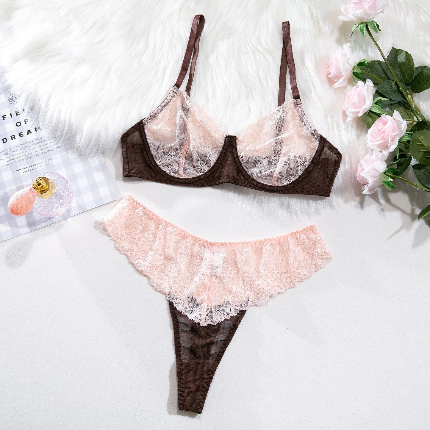 HIMEALAVO Sexy Lingerie Seamless Bra Sheer Lace Underwear Set Women 2 Piece Contrast Color Fancy Intimate See Through Outfits