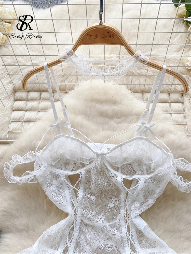 SINGREINY Lace Camis Open crotch Erotic Bodysuits Hollow Out Transparent Slim Playsuits Women Sexy Lingerie Sheer Porno Rompers