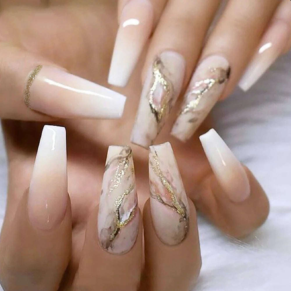 Y2K 24 Pcs Long Coffin Press On Nails Pink And White False Nails Gradient Glitter Artificial Finger Manicure Reusable Fake Nails
