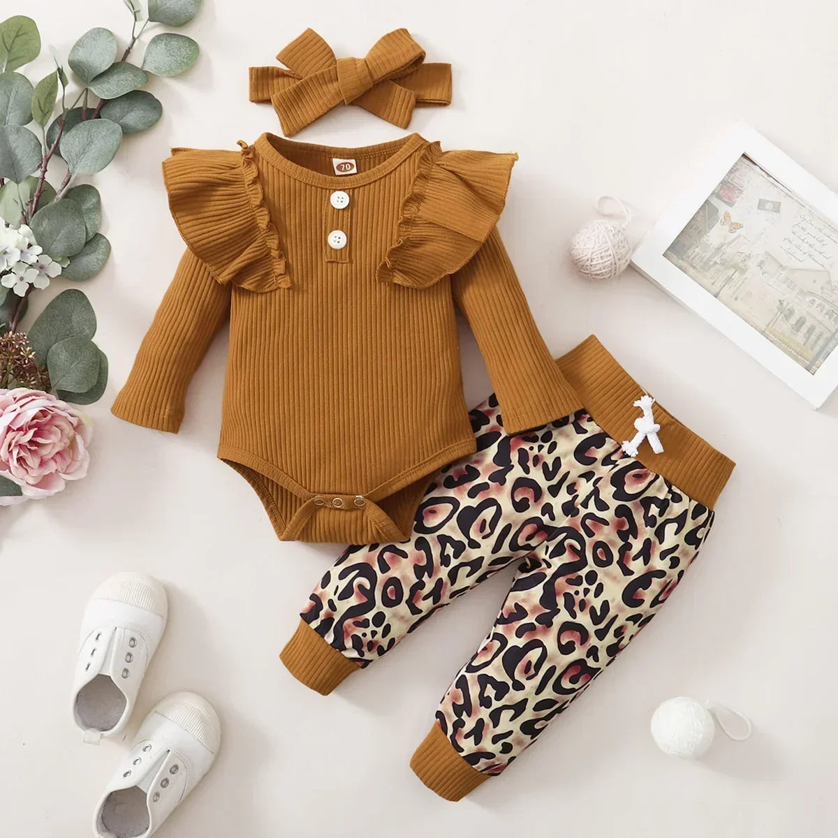 3Pcs Newborn Clothes Baby Girl Clothes Sets Infant Outfit Ruffles Romper Top Bow Leopard Pants New Born Toddler Clothing
