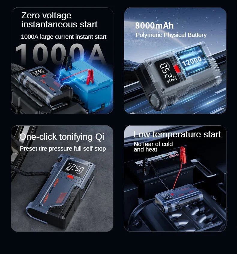 LEIBOO Car Jump Starter Air Pump Power Bank Lighting Portable Air Compressor 4 In 1 Cars Battery Starters Auto Tyre Inflator