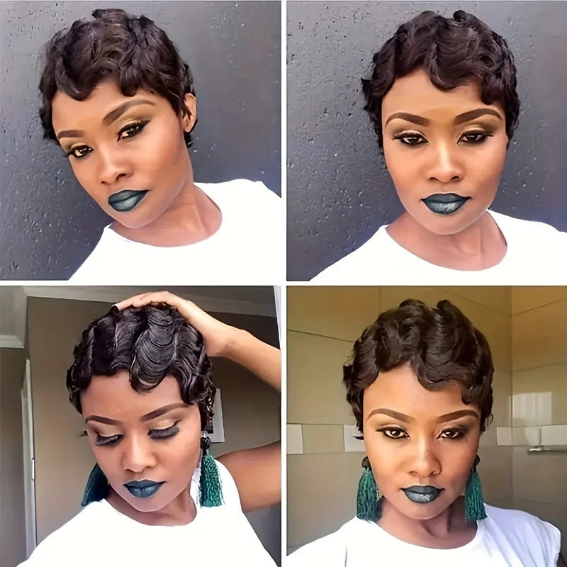 Blonde Burgundy Short Pixie Cut Wigs For Black Women Wig Brazilian Human Hair Wigs Finger Ocean Wave Wig Machine Made