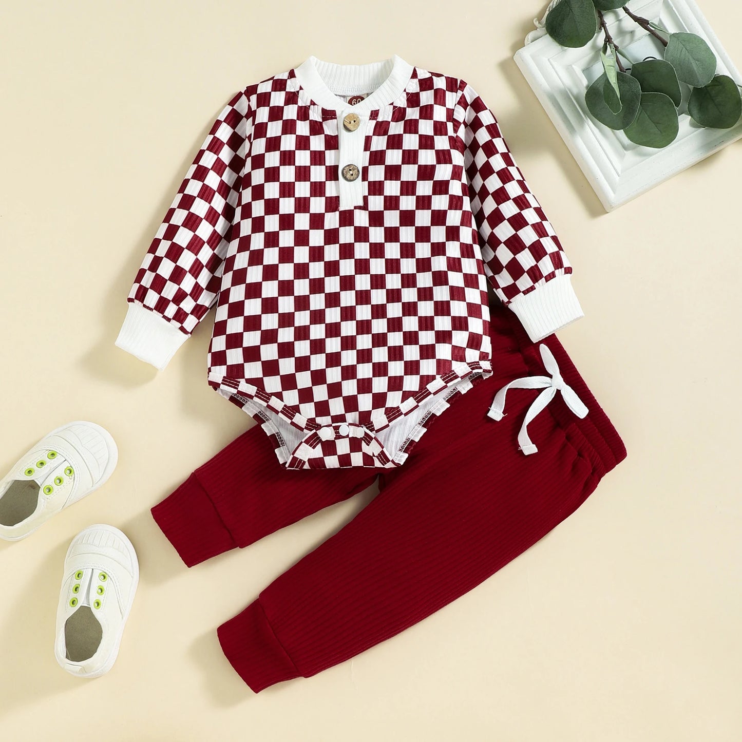 2PCS Autumn Boys And Babies Aged 0-2 Years Old Casual Fashionable Checkerboard Long-Sleeved Top + Solid Color Pants Set