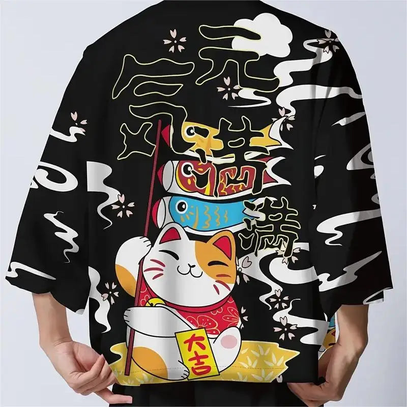Japanese Kimono Yukata Samurai Kimono Man Cat Print Shirt Clothing Harajuku Cardigan For MenTraditional Haori Kimono Women