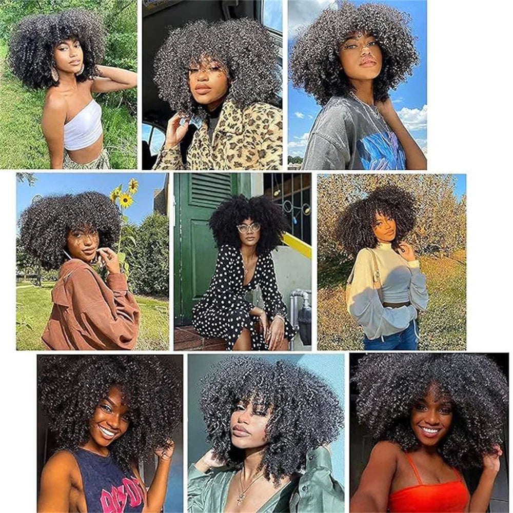 Afro Kinky Curly Wigs With Bangs Full Machine Made Wigs Short Curly Wigs For Black Women 100% Human Hair Wigs 180% Density