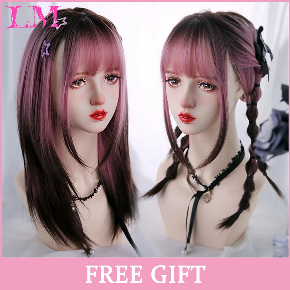 LM White Ombre Black Synthetic Wig for Women Long Curly Wave Wigs with Bangs Cosplay Party Heat Resistant Hair