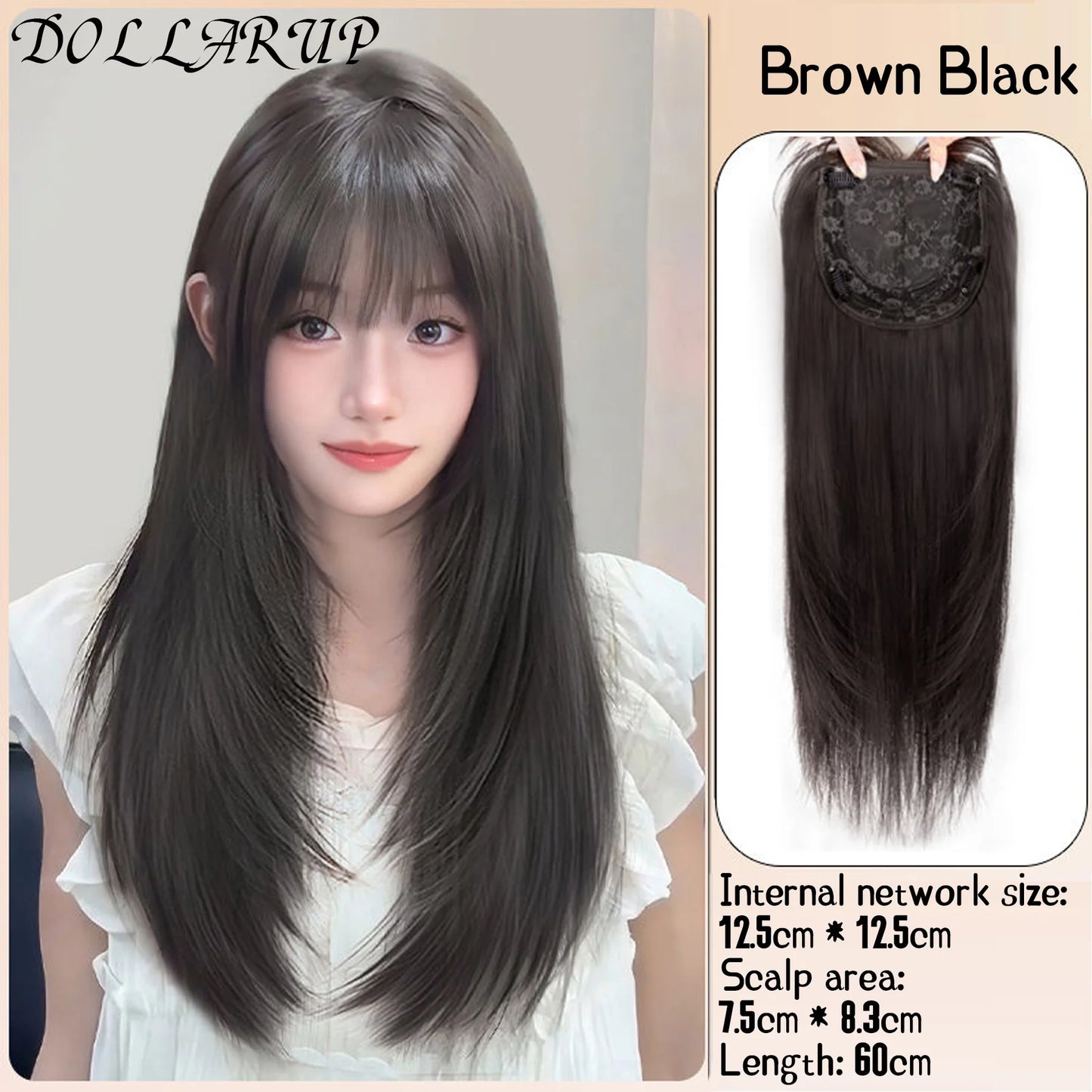 DOLLARUP Hair Toppers with Bangs for Women Synthetic 12.5x12.5 Top Hairpieces Wigs Long Striaght Clip in Hair Extension