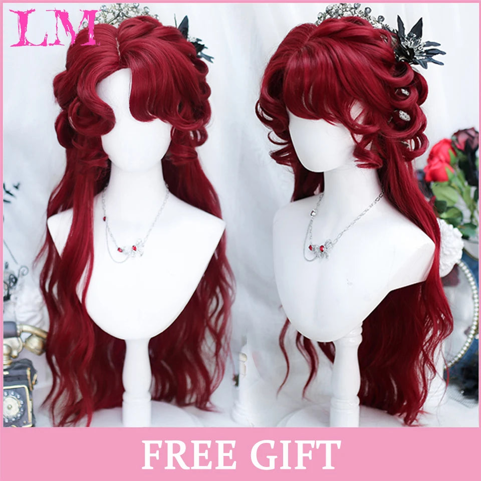 LM White Ombre Black Synthetic Wig for Women Long Curly Wave Wigs with Bangs Cosplay Party Heat Resistant Hair
