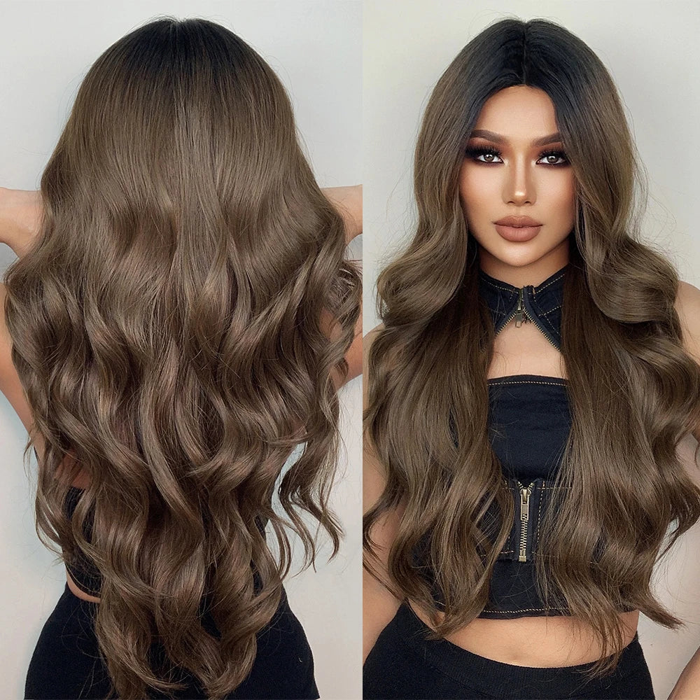 GEMMA Long Wavy Omber Brown Blonde Lace Front Wigs for Women Middle Part Lace Synthetic Wig Heat Resistant Cosplay Daily Hair