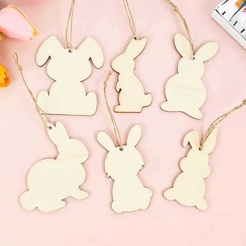 6/12Pcs Easter Wooden Bunny Pendants Blank Rabbit Wood Chips Kids Easter Party DIY Painting Crafts Gift Home Hanging Decoration