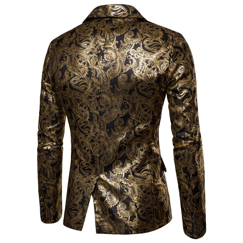 2023 Men's Golden Floral Blazers Business Casual Suit Wedding Dress Gold Blazer Men