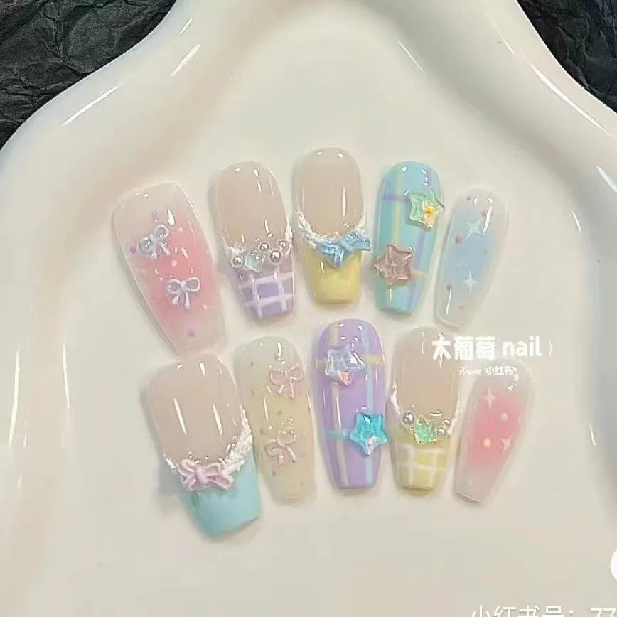 10Pcs Cute Handmade Sweets Press on Nails Ballet French Rhinestone Decoration False Nails Wearable Manicure Fake Nail Tips Art