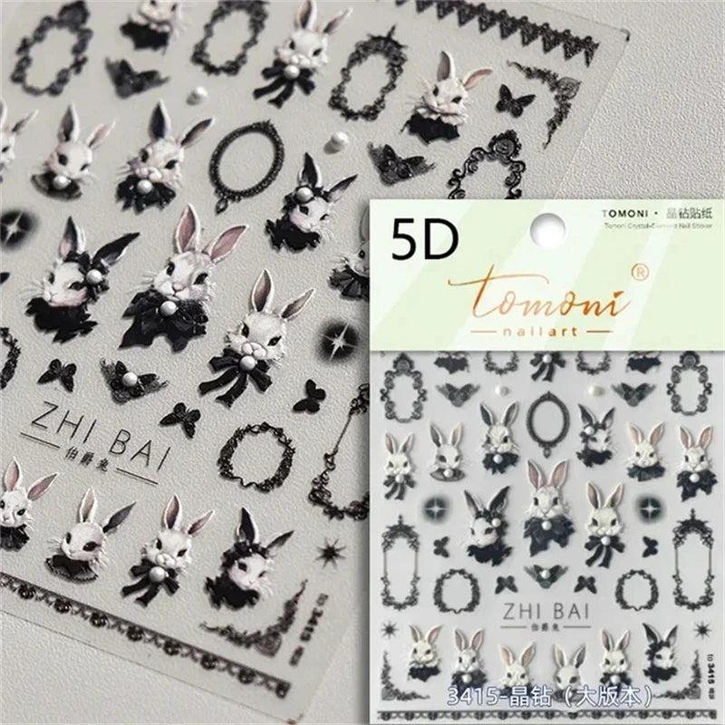 Noble Rococo Bunny Girl Pearl Butterfly Easter Egg Rabbit Soft Relief Self Adhesive 5D Nail Art Decoration Sticker 3D Nail Decal