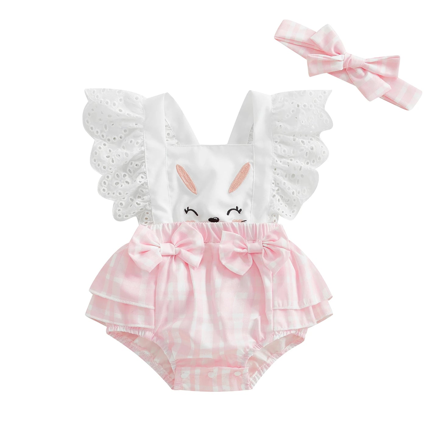 Baby Girl Easter Outfits Hollow Out Flying Sleeveless Square Neck Carrot Print Bodysuit with Bow Headband