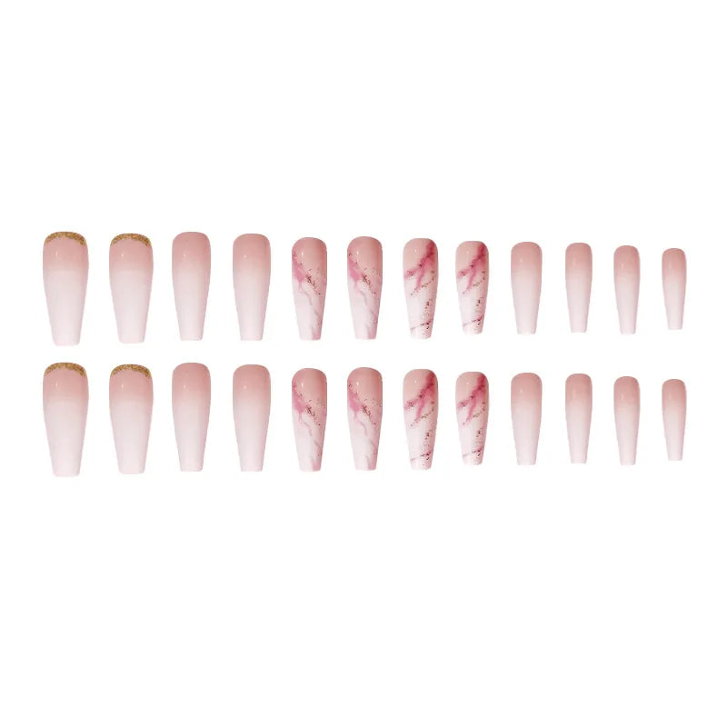 Y2K 24 Pcs Long Coffin Press On Nails Pink And White False Nails Gradient Glitter Artificial Finger Manicure Reusable Fake Nails