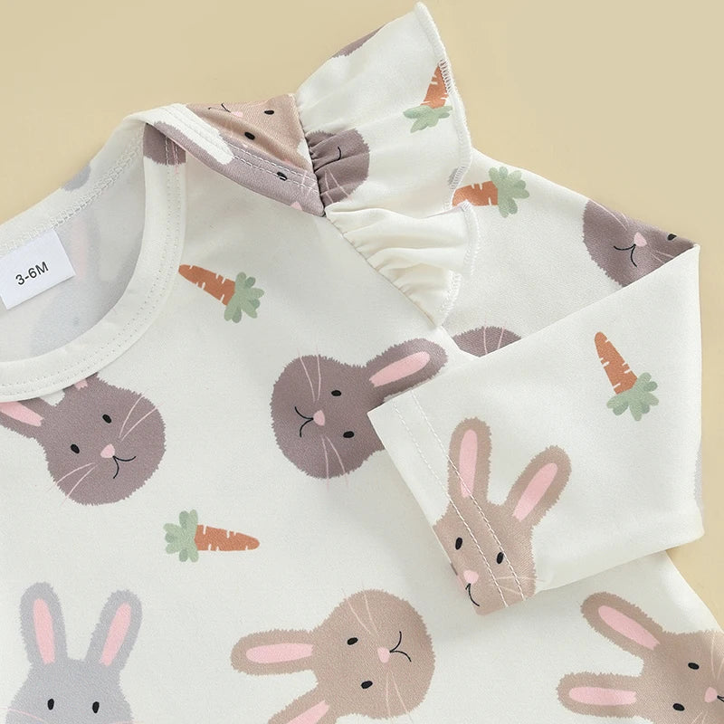 Toddler Baby Girl Easter Outfits Bunny Ruffle Long Sleeve Romper with Overall Dress 2 Piece Spring Sets for Newborn