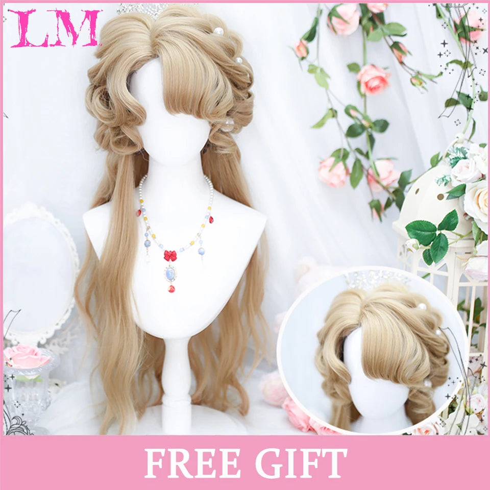 LM White Ombre Black Synthetic Wig for Women Long Curly Wave Wigs with Bangs Cosplay Party Heat Resistant Hair