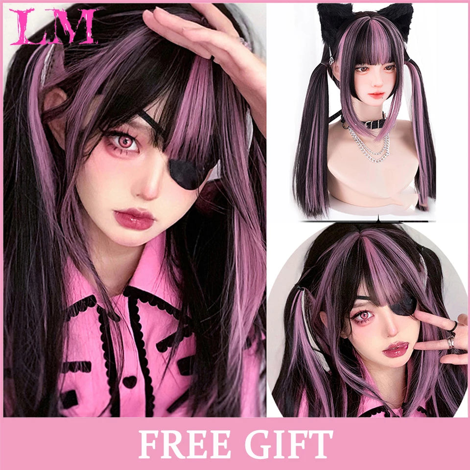 LM White Ombre Black Synthetic Wig for Women Long Curly Wave Wigs with Bangs Cosplay Party Heat Resistant Hair