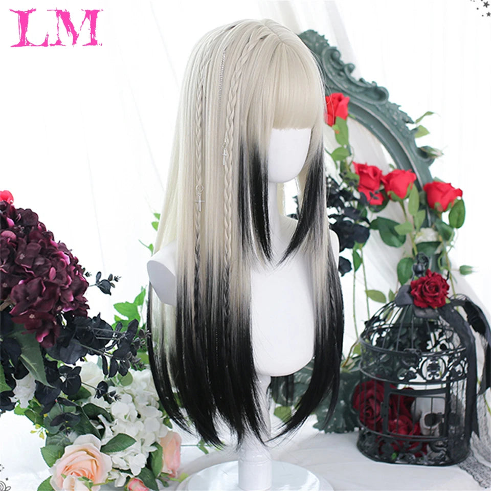 LM White Ombre Black Synthetic Wig for Women Long Curly Wave Wigs with Bangs Cosplay Party Heat Resistant Hair