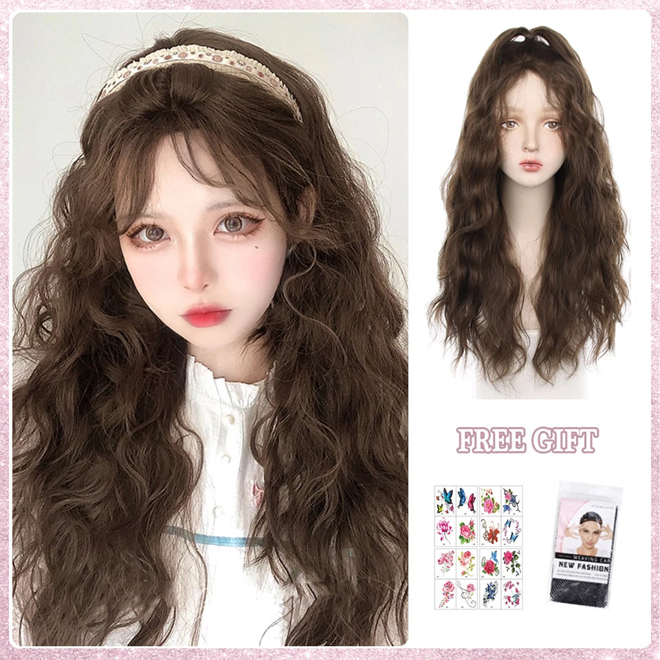 LM White Ombre Black Synthetic Wig for Women Long Curly Wave Wigs with Bangs Cosplay Party Heat Resistant Hair