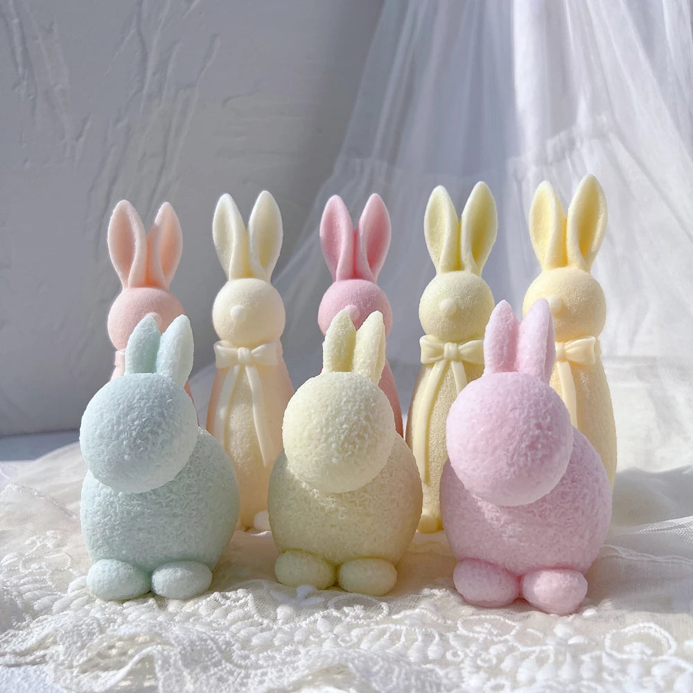 Two Designs Flocked Rabbit Silicone Candle Molds Bowknot Bunny Silicone Mold Animal Bunnies Wax Mould Easter Home Decor