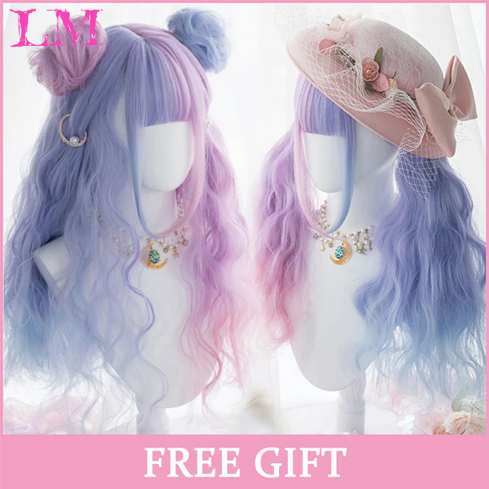 LM White Ombre Black Synthetic Wig for Women Long Curly Wave Wigs with Bangs Cosplay Party Heat Resistant Hair