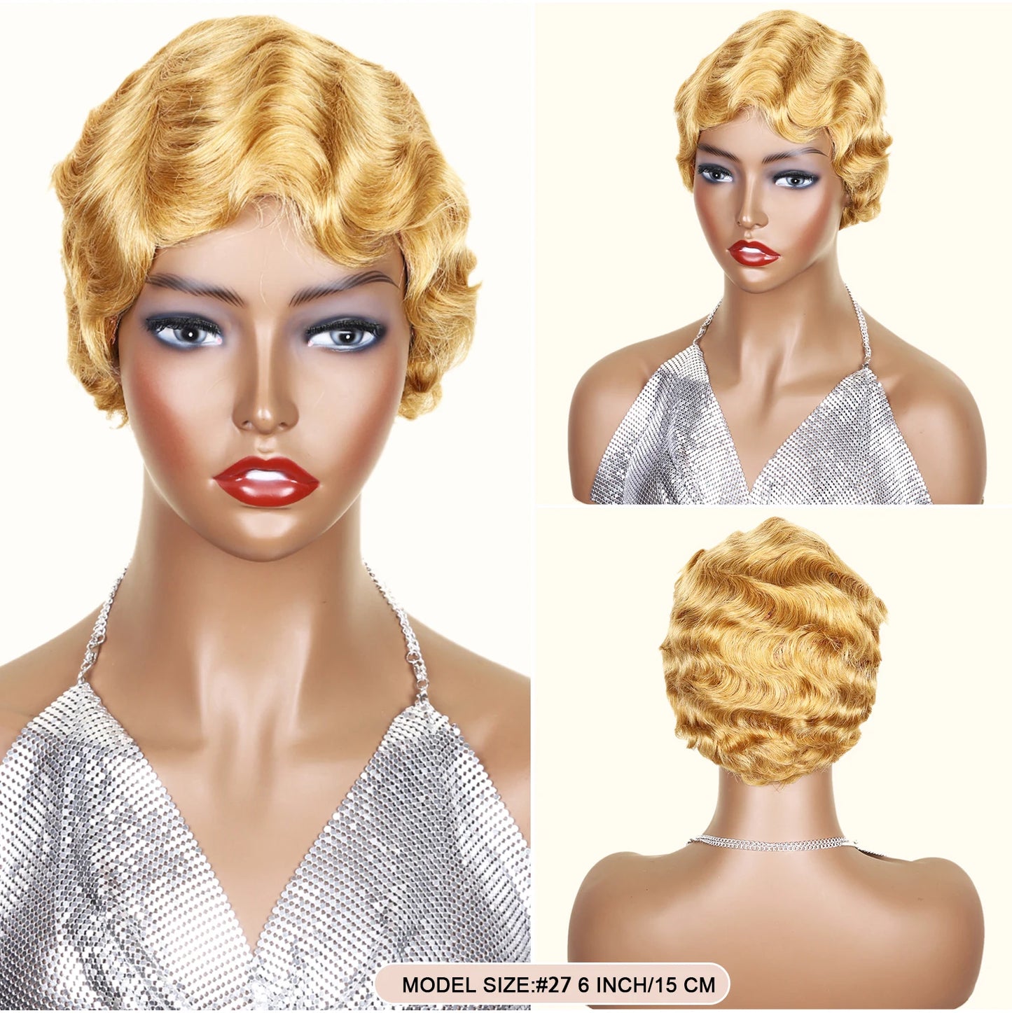 Blonde Burgundy Short Pixie Cut Wigs For Black Women Wig Brazilian Human Hair Wigs Finger Ocean Wave Wig Machine Made