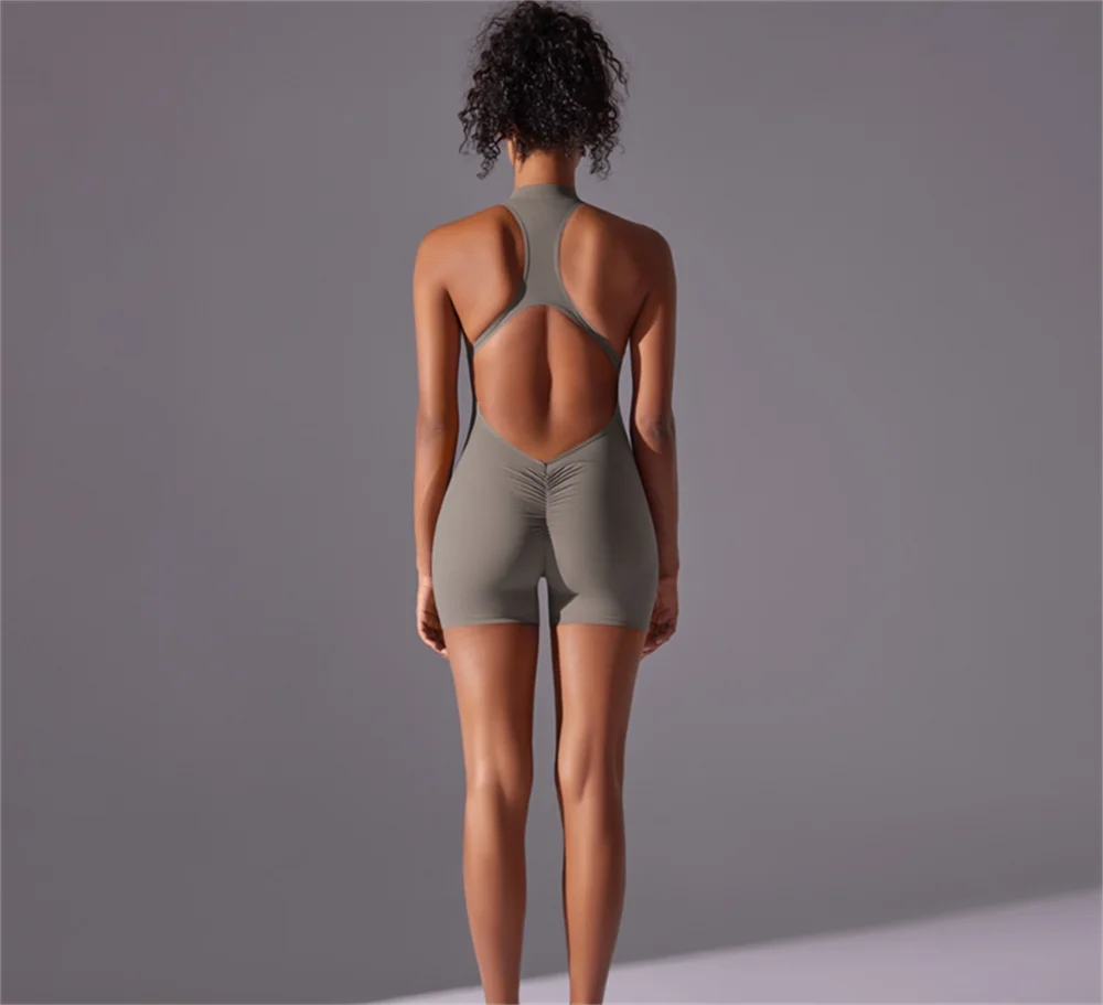 Solid color high-intensity nude tight fitting sports back jumpsuit yoga suit tight fitting running fitness suit