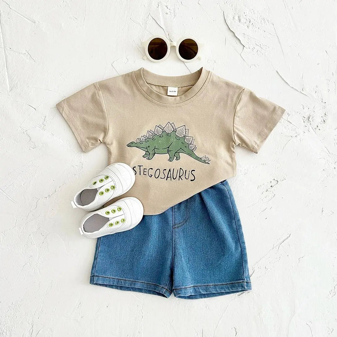 Summer Newborn Baby Boys Clothing Set Dinosaur Print Short Sleeved 2Pcs Casual Denim Shorts Overall Suit Toddler Boys Outfit