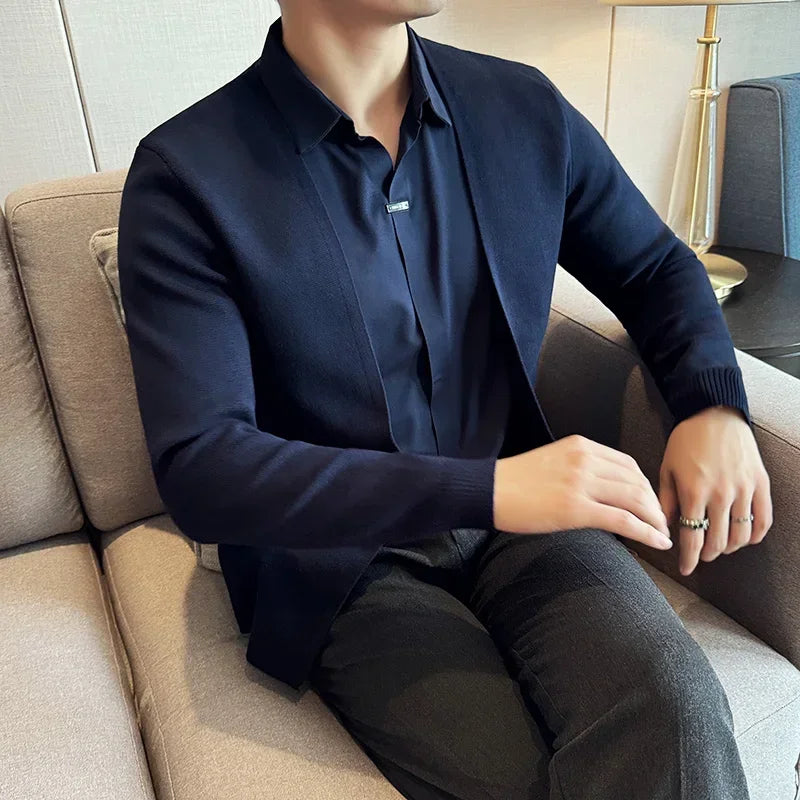 Spring Autumn New Fake 2 Pieces Knitted Cardigan Traceless Shirt Collar Spliced Casual Pullovers Fashion Men Slim Sweater Coats