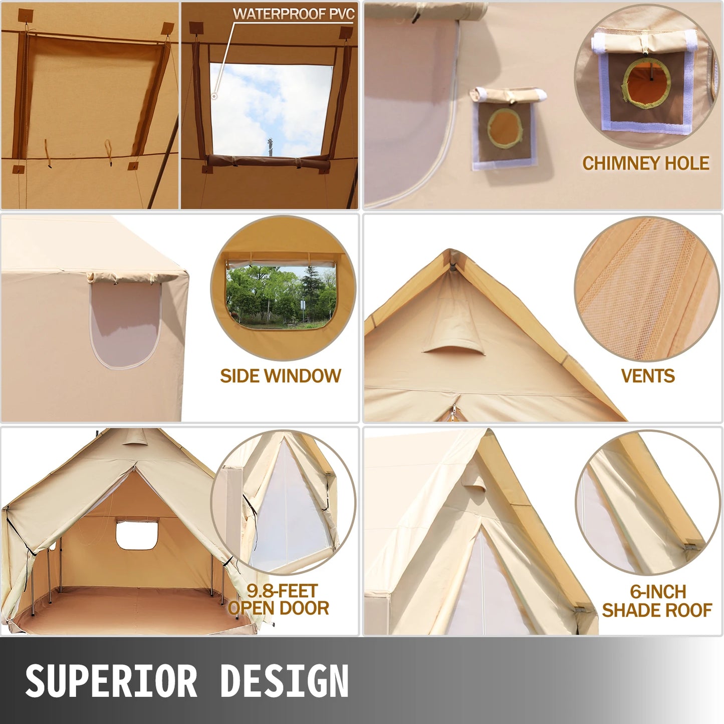 VEVOR Canvas Wall Tent with PVC Storm Flap Large Canvas Wall Tent Waterproof Camping Canvas Tents With Stove Camping Steel Pipe