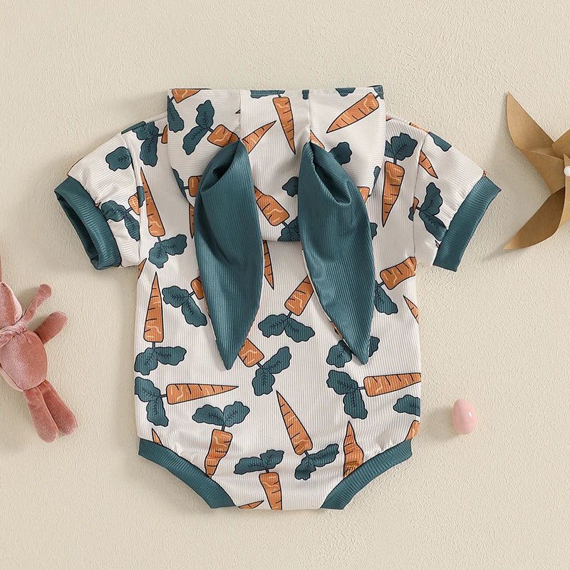 Cute Cartoon Animal Print Short Sleeve Romper with Hooded Ears for Infant Boys and Girls Summer Jumpsuit Easter Outfit