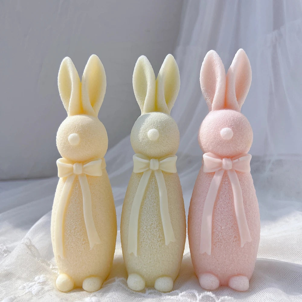 Two Designs Flocked Rabbit Silicone Candle Molds Bowknot Bunny Silicone Mold Animal Bunnies Wax Mould Easter Home Decor