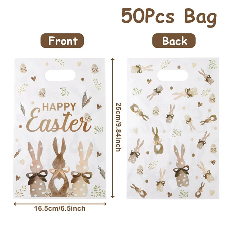 50pcs Happy Easter Tote Bags with Handles Cartoon Bunny Three Rabbits Plastic Gift Bags for Easter Egg Hunt Party Favors Gifts