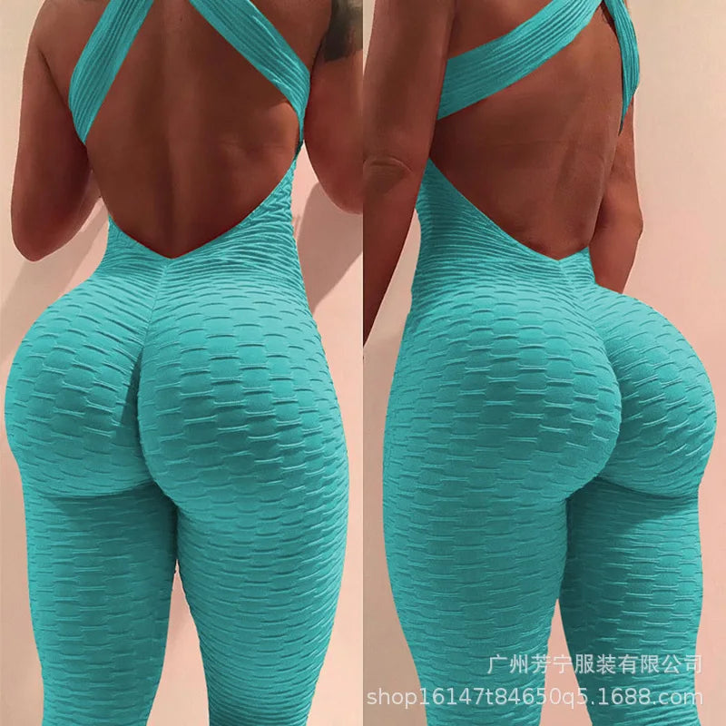 2025 Sexy Halter Women's Tracksuit Yoga High Waist Play Suit Slim Sport Backless Top Running Sportswear Pants Push Up Jumpsuit