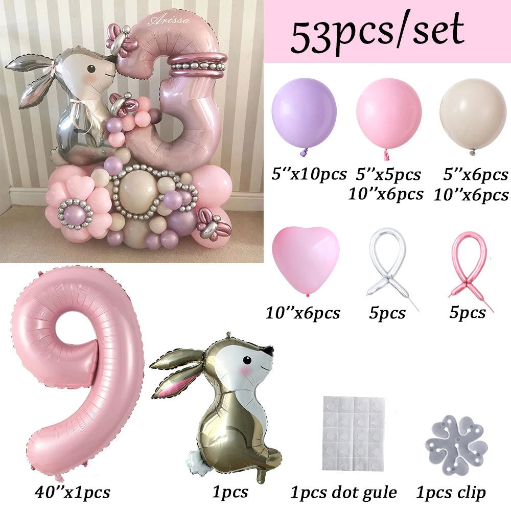 53pcs Easter Bunny Cartoon Rabbit Foil Balloons with Pink 40inch Number Ball Set Child Girls 1st Birthday Party Baby Shower Deco
