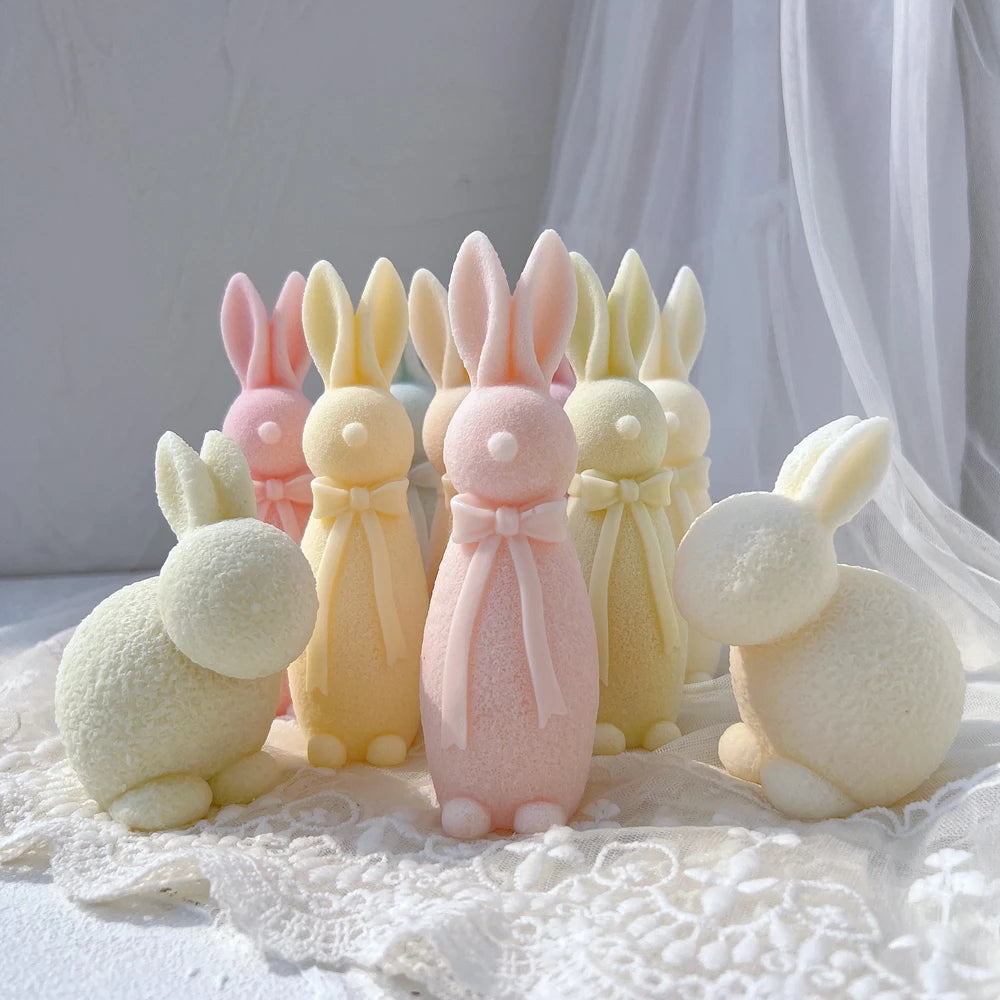 Two Designs Flocked Rabbit Silicone Candle Molds Bowknot Bunny Silicone Mold Animal Bunnies Wax Mould Easter Home Decor