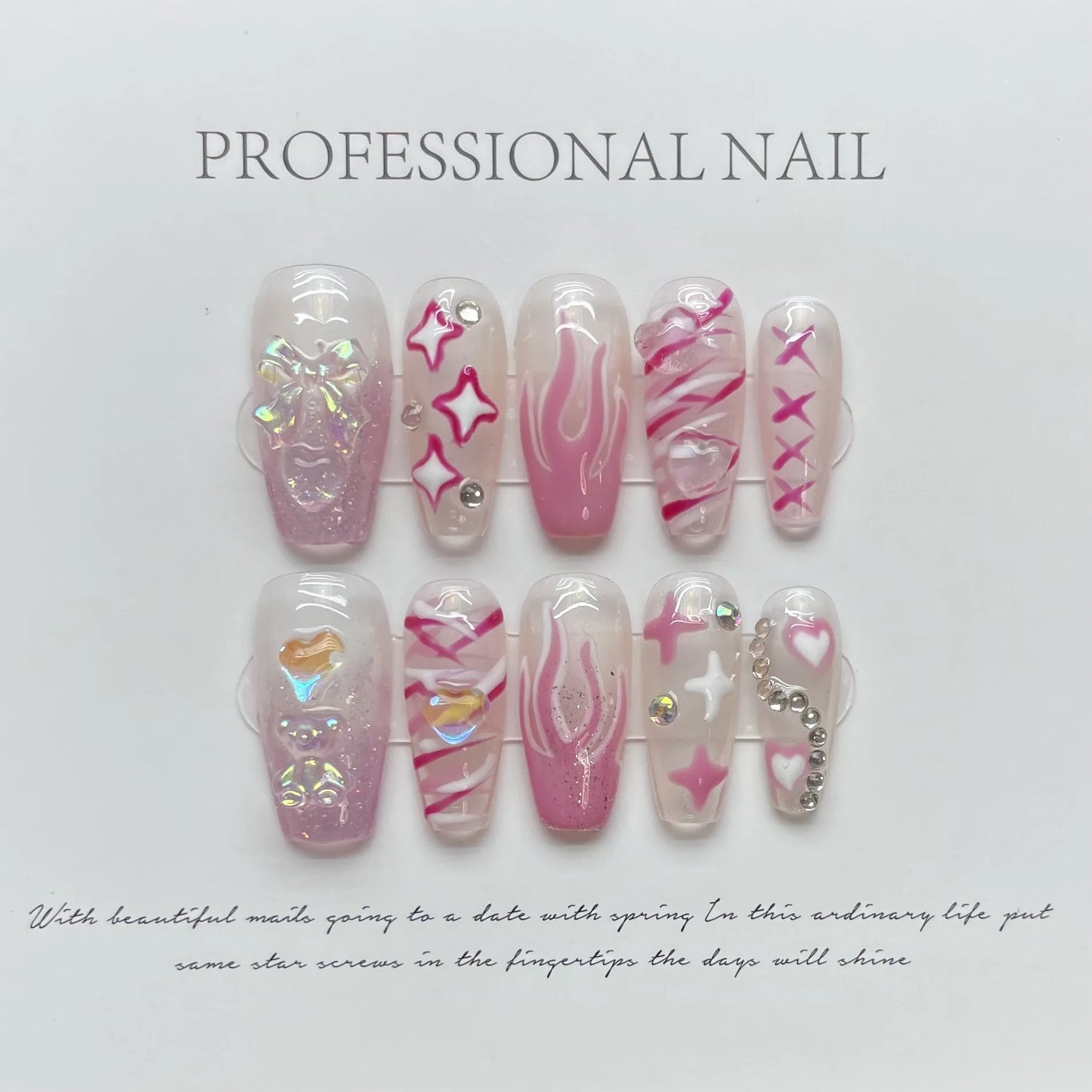 10pcs Handmade Almond Press On Nails Gradient Cat Eye Pink French Fake Nail Bow Design Full Cover Nail Tips Wearable False Nail