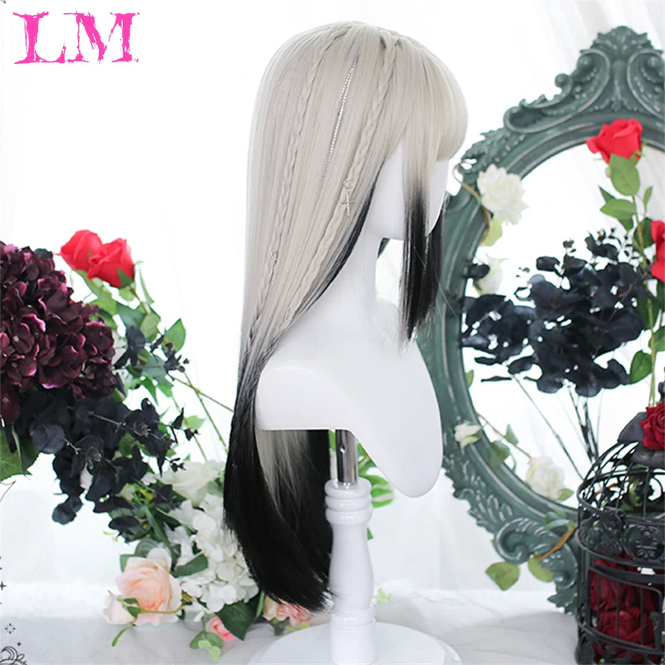 LM White Ombre Black Synthetic Wig for Women Long Curly Wave Wigs with Bangs Cosplay Party Heat Resistant Hair