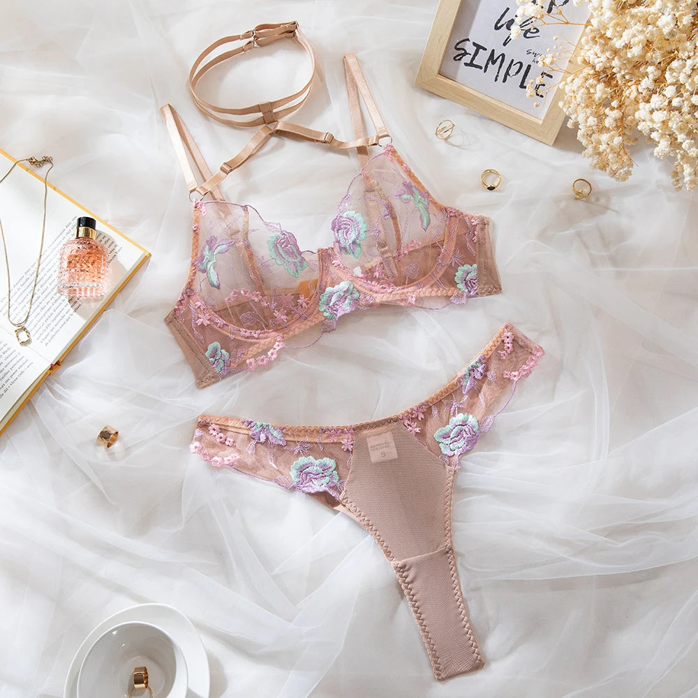 Yimunancy Embroidery Intimates Set Women Halter Bra + Mesh Panty Underwear Set Sexy Lingerie Everyday