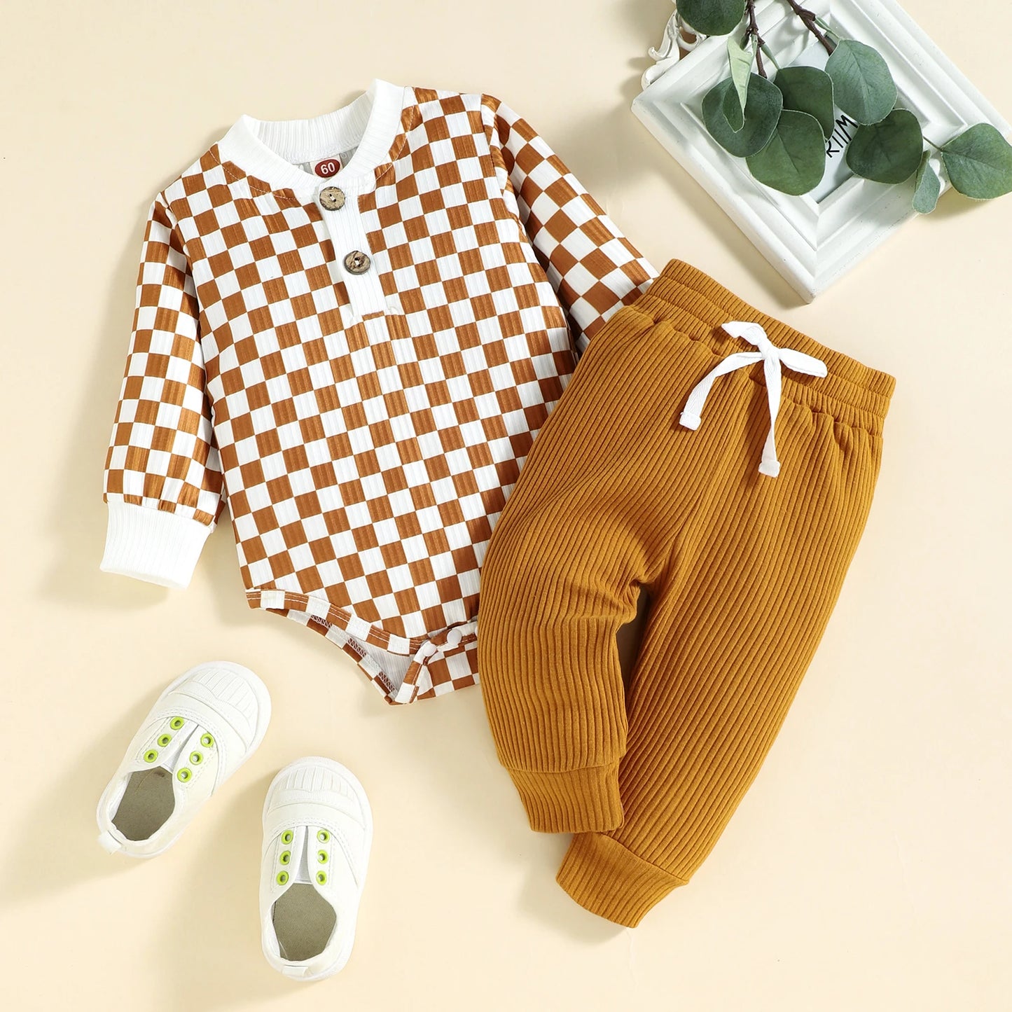 2PCS Autumn Boys And Babies Aged 0-2 Years Old Casual Fashionable Checkerboard Long-Sleeved Top + Solid Color Pants Set